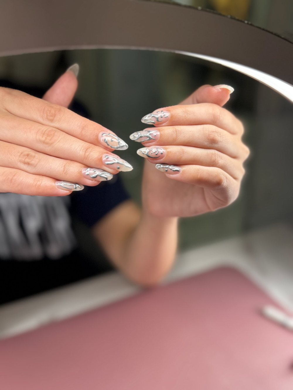 Silver glitter accent nail art