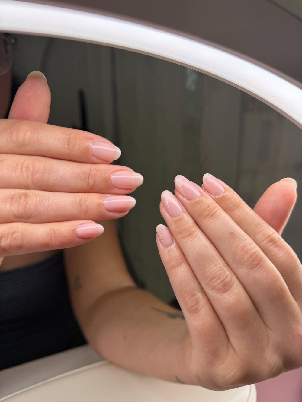 Long almond nude gel nails by Dagmy at Guapa! Nail Studio